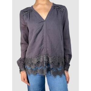 Calypso St. Barth Octavia Lace Blouse Long Sleeve V Neck Top Linen Gray Size XS
